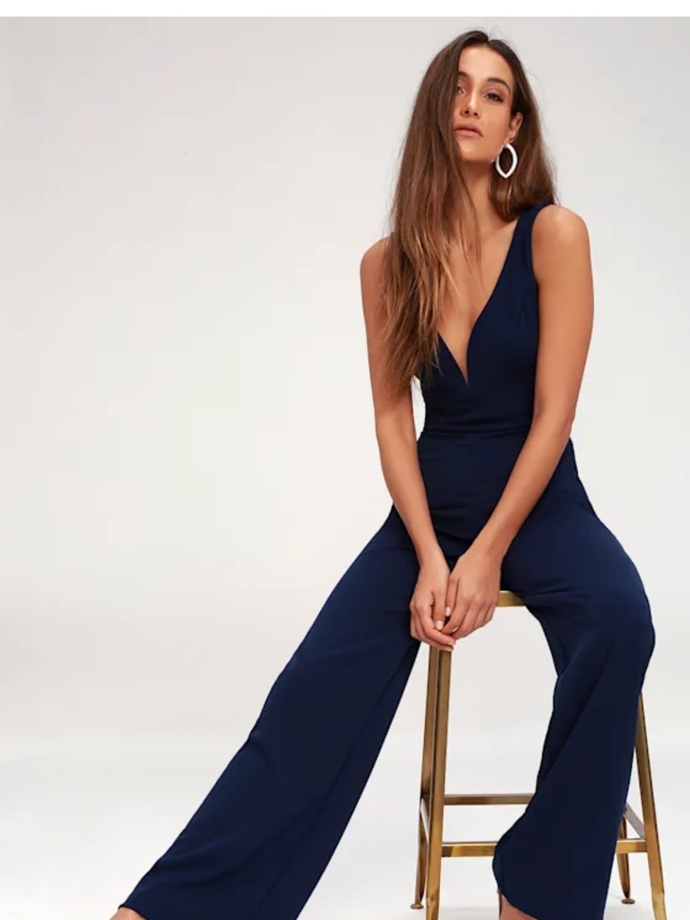 Lulus Navy Wide Leg Jumpsuit | Plunge V-Neck Formal Evening Wedding Guest | Smal